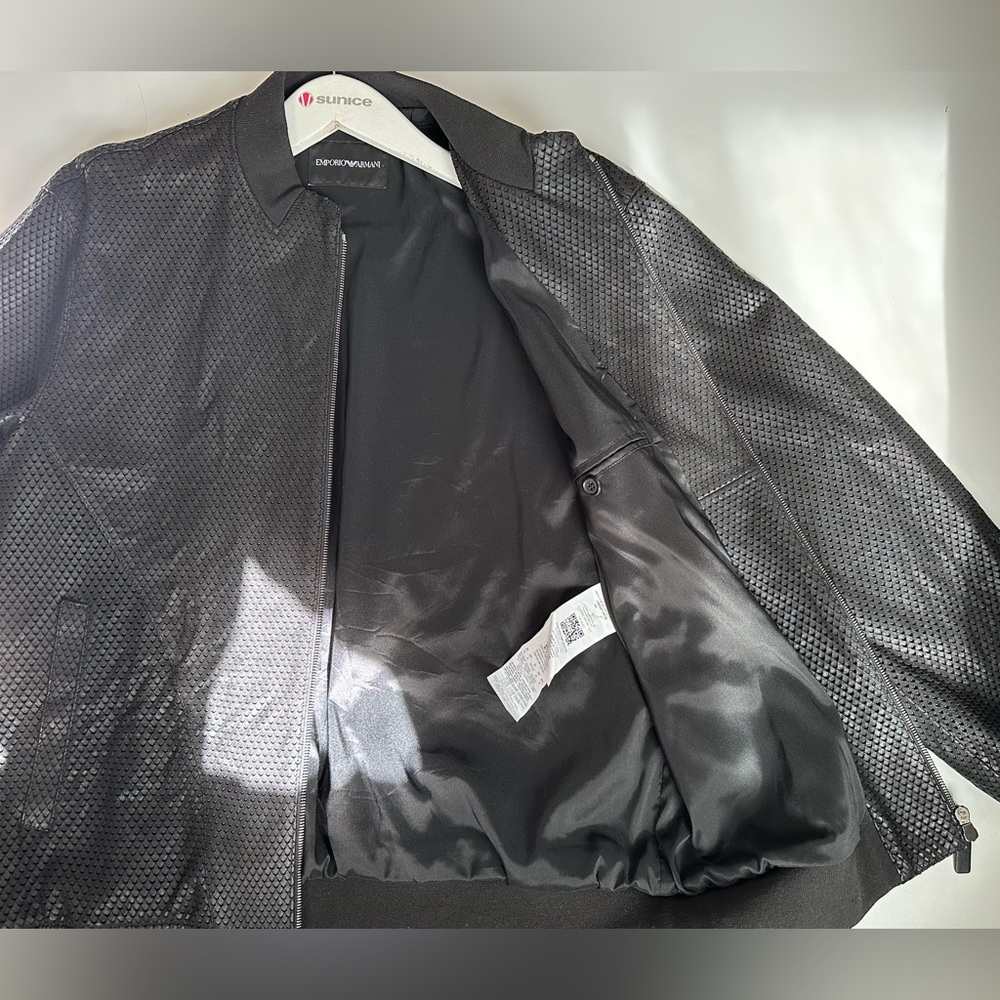 EMPORIO ARMANI / Black Eco Leather Bomber Men’s Jacket - Picture 5 of 8